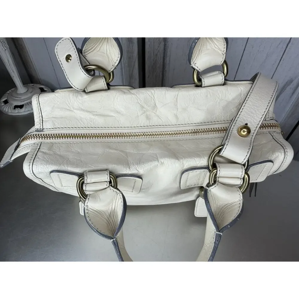 Chloé Bay Top Handle Shoulder Bag Cream Crinkle Leather Satchel Chunky Zip